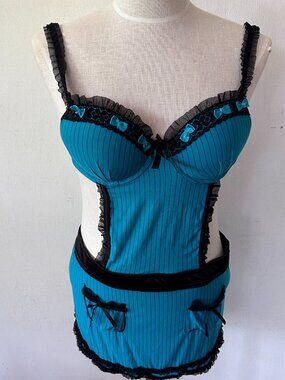 Native Intimates Nightie Womens 36B Teal Black French Maid Lingerie Sexy